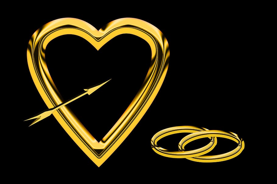 Amarillo, corazón, logotipo de flecha, emociones, amor, sentimientos, conexión, romance, boda, símbolo