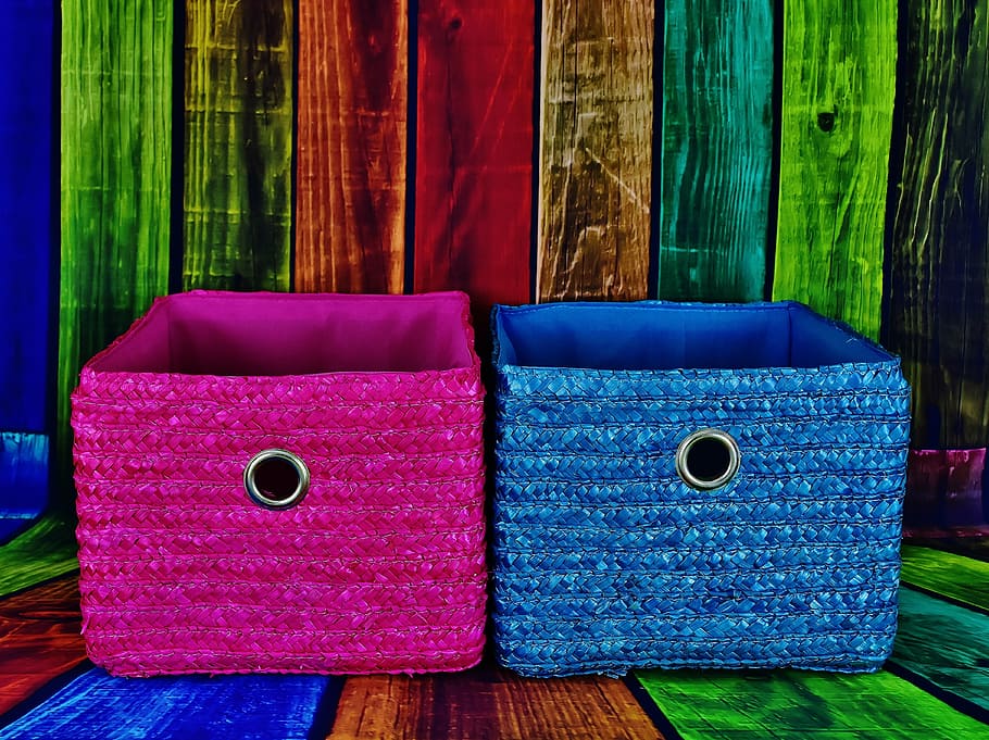 baskets, pink, blue, colorful, storage, decoration, background, wood, kunterbunt, multi colored
