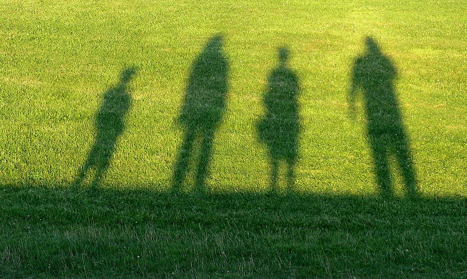four, person shadow, green, grass field, travel, family, contour, shadow, man, woman