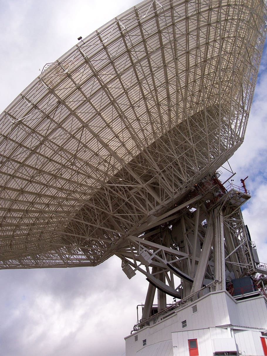dish, radio telescope, antenna, astronomy, low angle view, sky, architecture, built structure, cloud - sky, nature