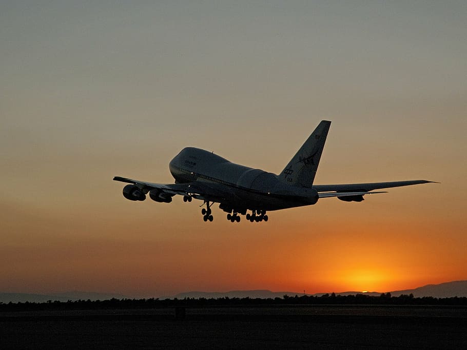 flying, commercial, plant, golden, hour, jetliner, sunset, takeoff, silhouette, colorful