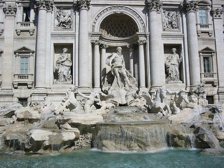 gray concrete statues, trevi fountain, rome, italy, romans, antiquity, monument, art and craft, representation, water
