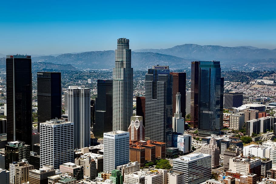 aerial, view, city buildings, los angeles, california, skyline, downtown, architecture, cityscape, buildings