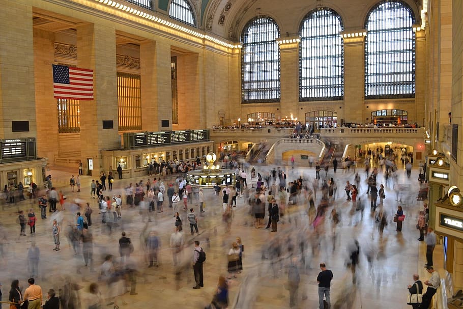 fotografía timelapse, gente, caminando, adentro, grande, hall, grand central station, nueva york, tren, transporte