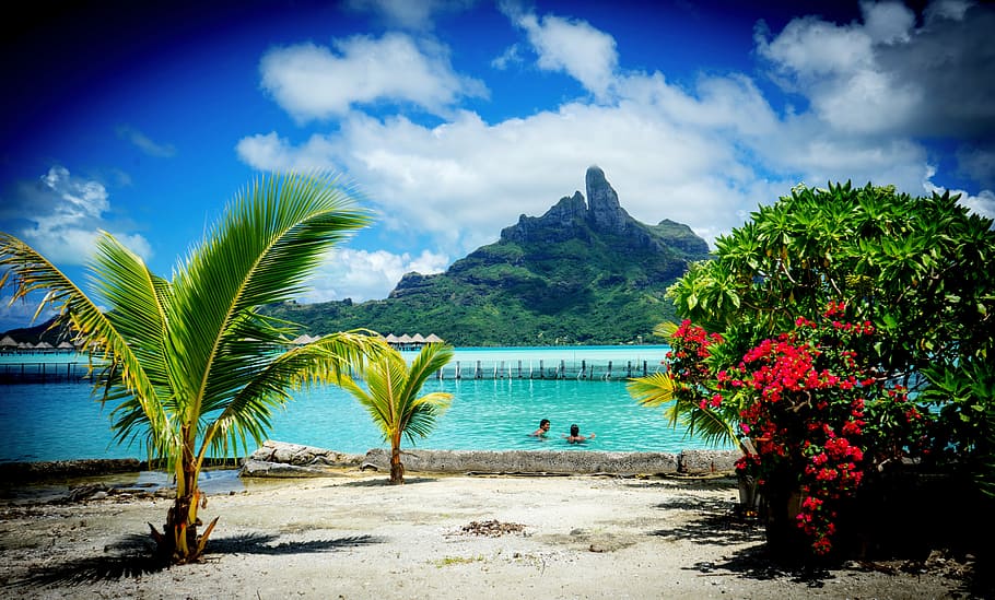 view, beach, mountains, side, shoree, bora bora, mountain, ocean, pacific, polynesia