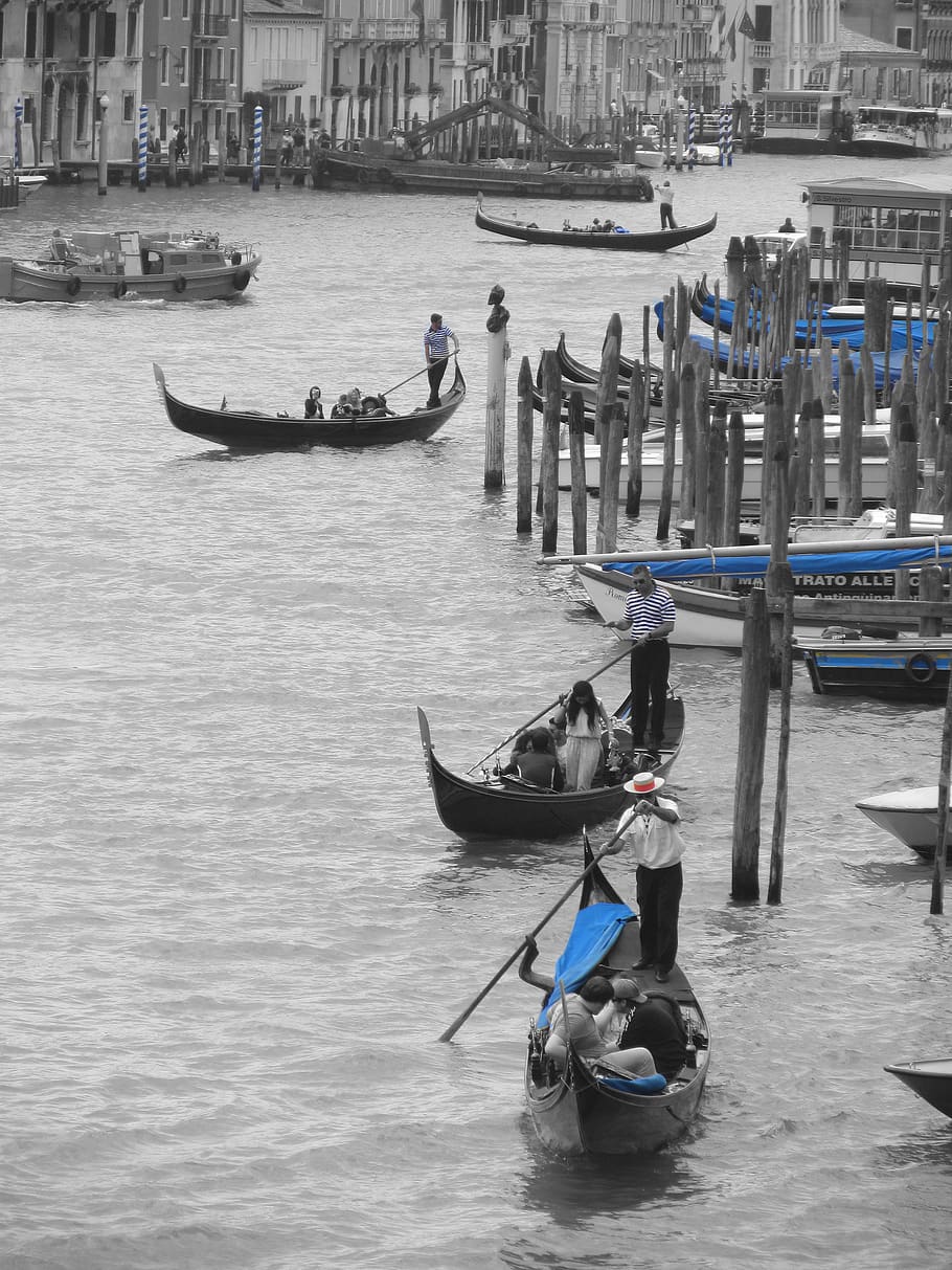 venecia, góndolas, blanco y negro, azul, barcos, canal, italia, puerto, historia, río