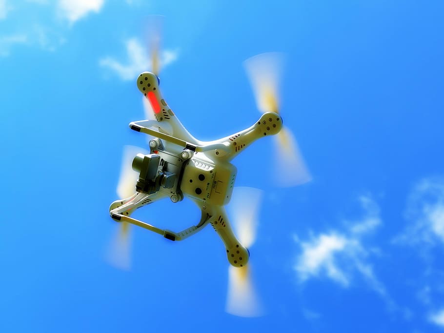 branco, quadcopter, céu, zangão, quadrocopter, máquina voadora, rotores, aeronaves, hélice, decolar