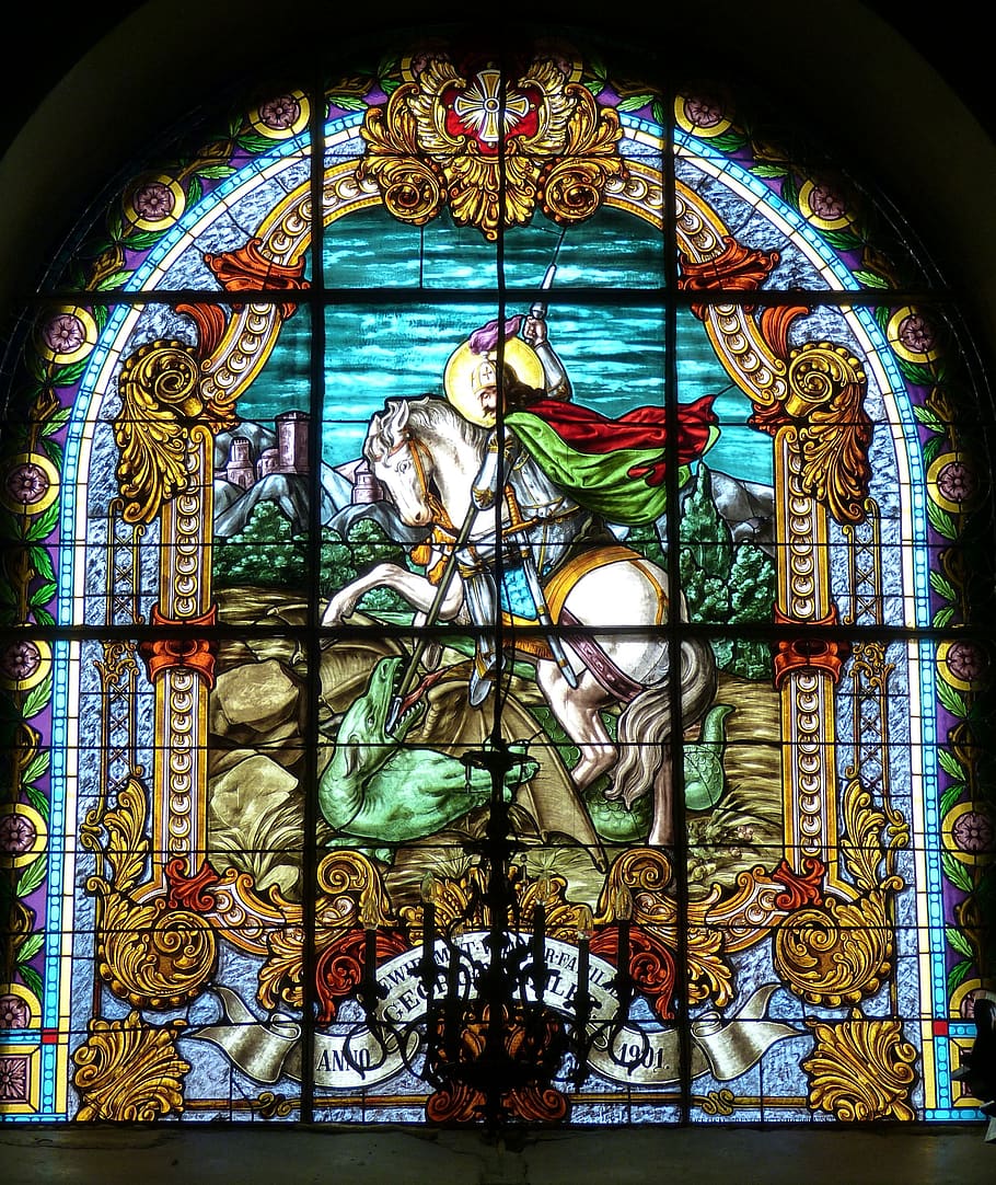 window, church window, georg, fight, dragons, stained glass, horse, reiter, sibiu, romania