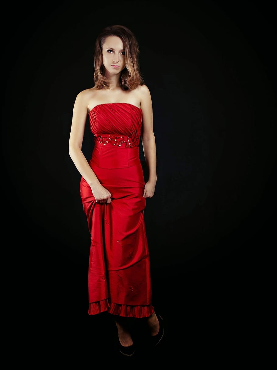 woman, red, strapless maxi dress, woman in red, strapless, maxi dress, portrait, studio, girl, nice