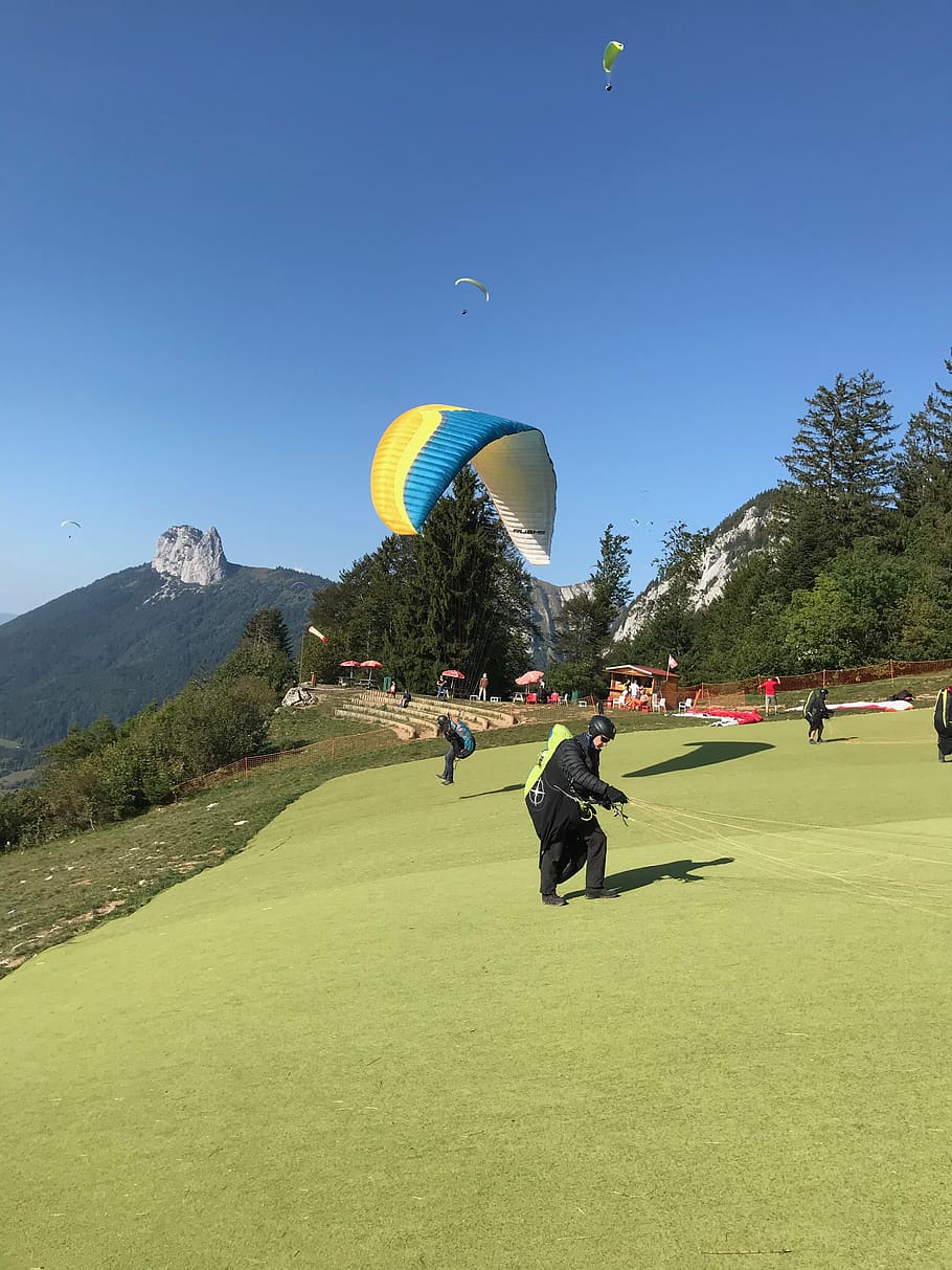 paragliders, aircraft, take off, preparations, take-off runway, flight in the mountains, eternal snow, flight weather, thermal, wind
