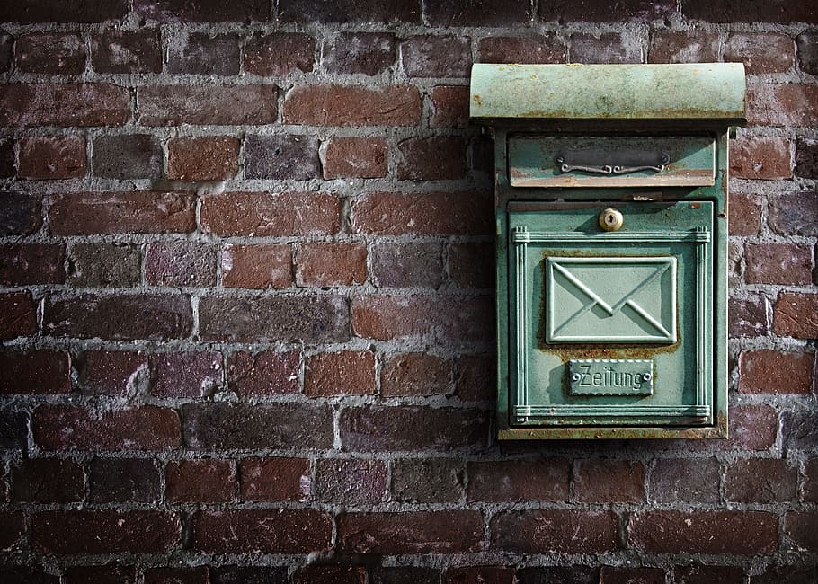 green steel mailbox, mailbox, wall, post, letter boxes, stone wall, weathered, brick wall, post mail box, bricks