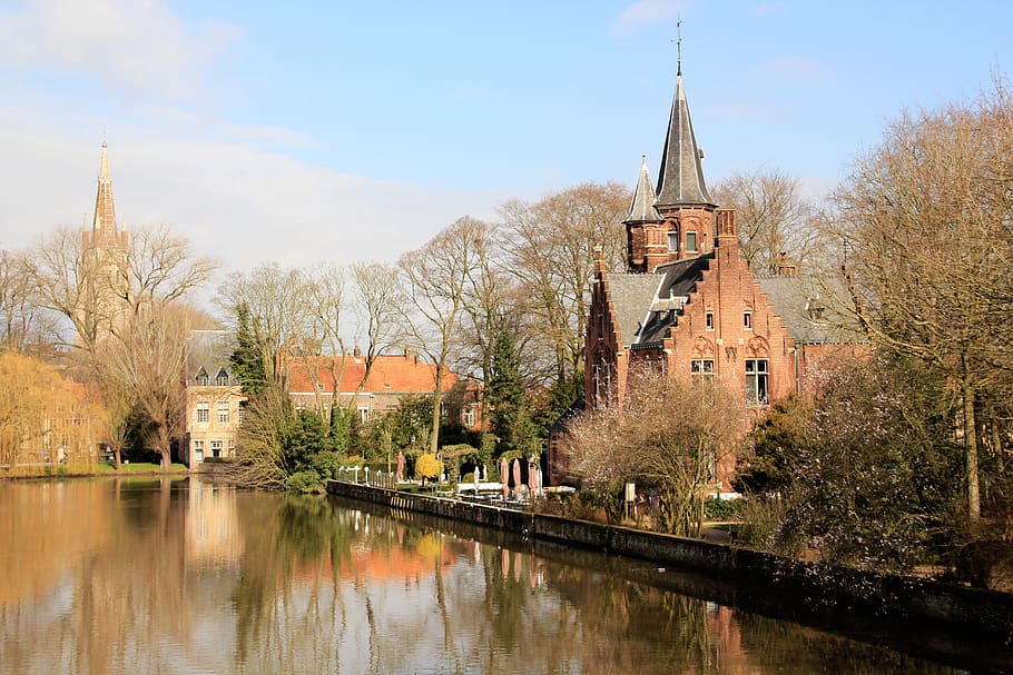 belgium, river, house, water, landscape, campanile, church, bridge, sky, riva