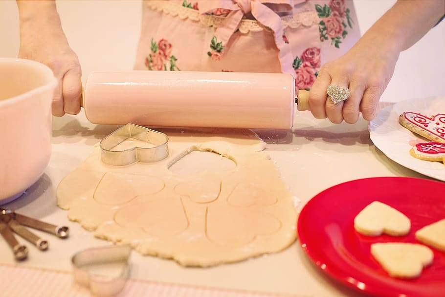 person, holding, rolling, pins, dough, valentine's day, baking, baking cookies, heart-shaped cookies, sweets