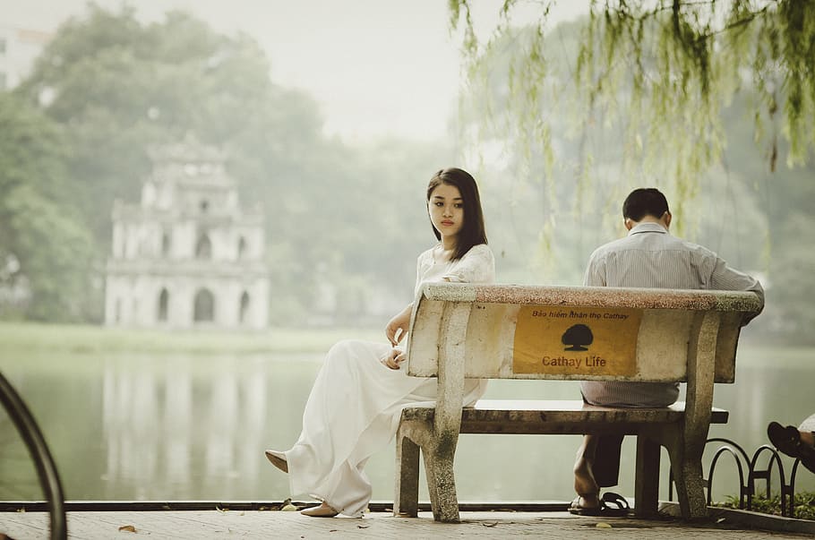 woman, sitting, bench, bodies, water photograph, heartsickness, lover's grief, lovesickness, coupe, argument