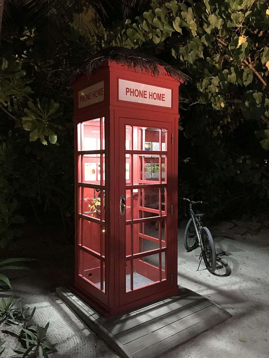 vermelho, cabine telefônica, ao lado, preto, bicicleta, noite, telefone, vintage, comunicação, cabine