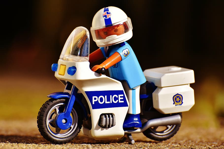 lego police, riding, touring, motorcycle, miniature, police, cop, two wheeled vehicle, control, figure