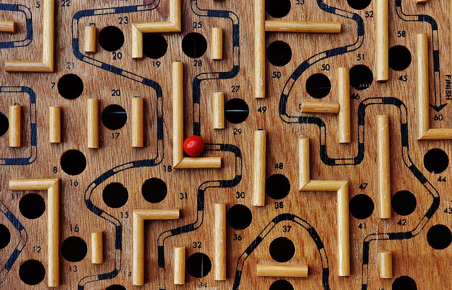 brown wooden gameboard, labyrinth, wood, play, ball, red, fun, puzzle, toys, full frame
