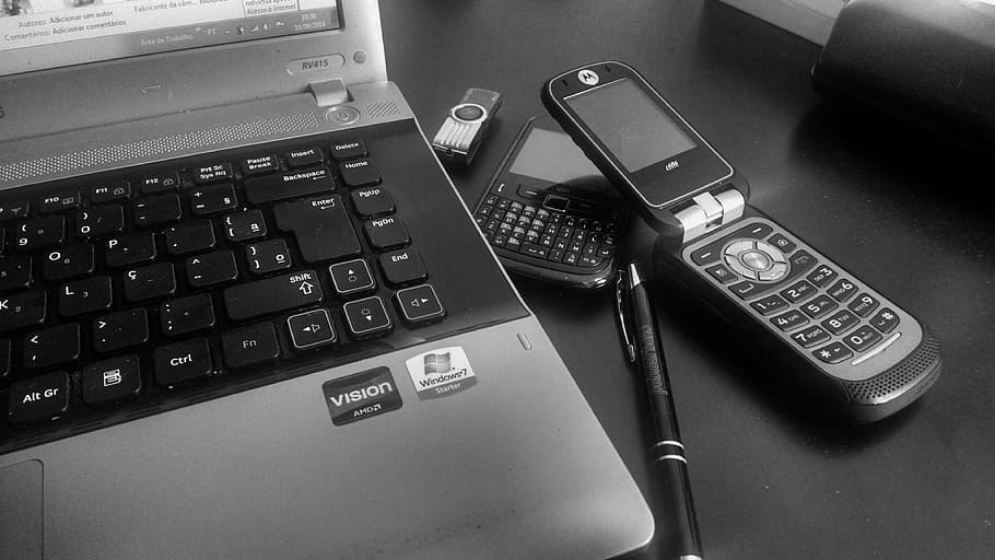 laptop, ao lado, virar, telefone, telecomunicações, eletrônica, tecnologia, comunicação, modernidade, hoje