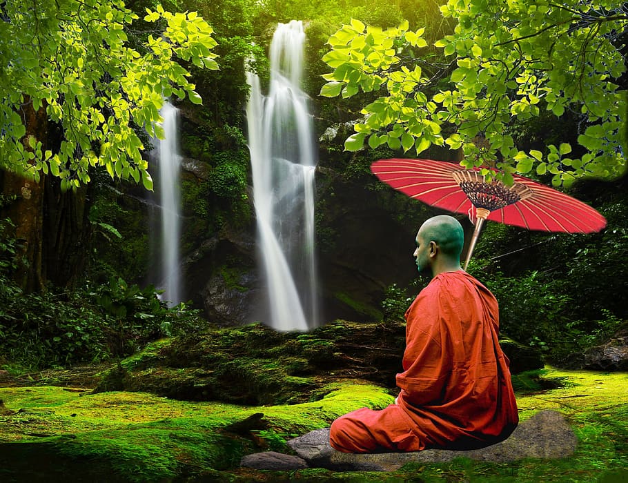 man, orange, overall, sitting, floor, holding, oil paper umbrella, monk, waterfall, nature