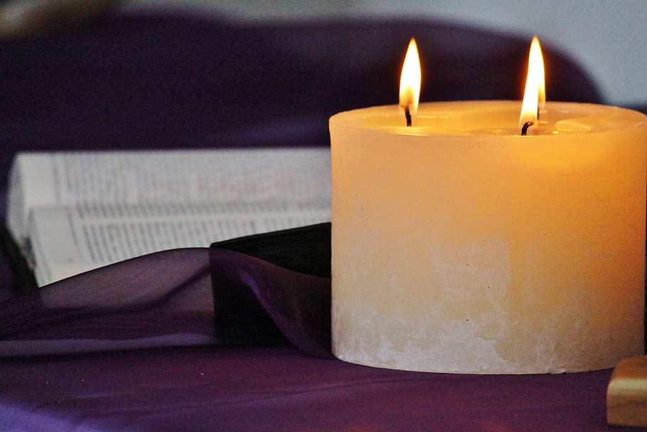 litted pillar candle, table, candle, wick, cozy, prayer, bible, fire, burning, flame