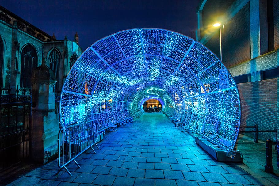 gray, steel arch, led, lights, Tunnel, Led Lights, City, In The Evening, christmas decorations, norwich