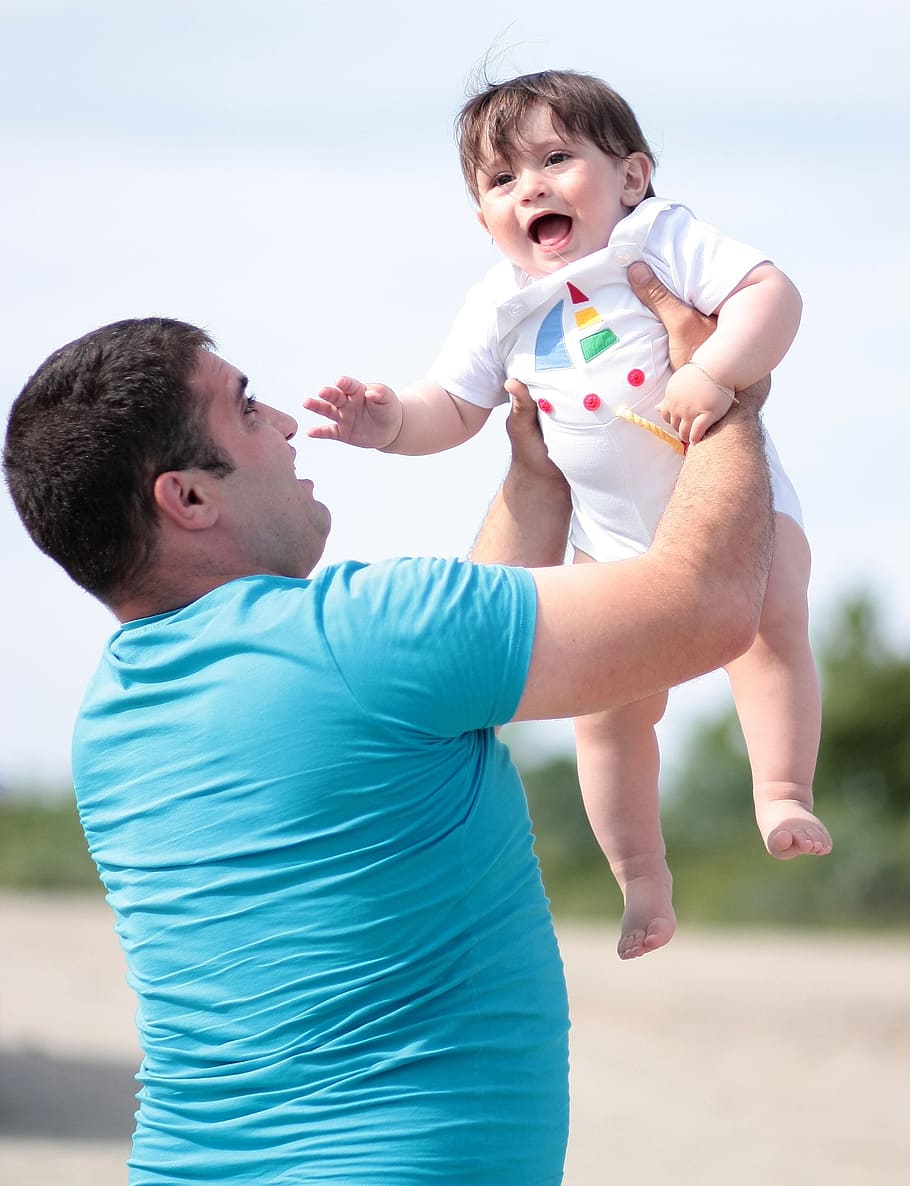 man, lifting, child, field, dad, son, love, happiness, family, contact