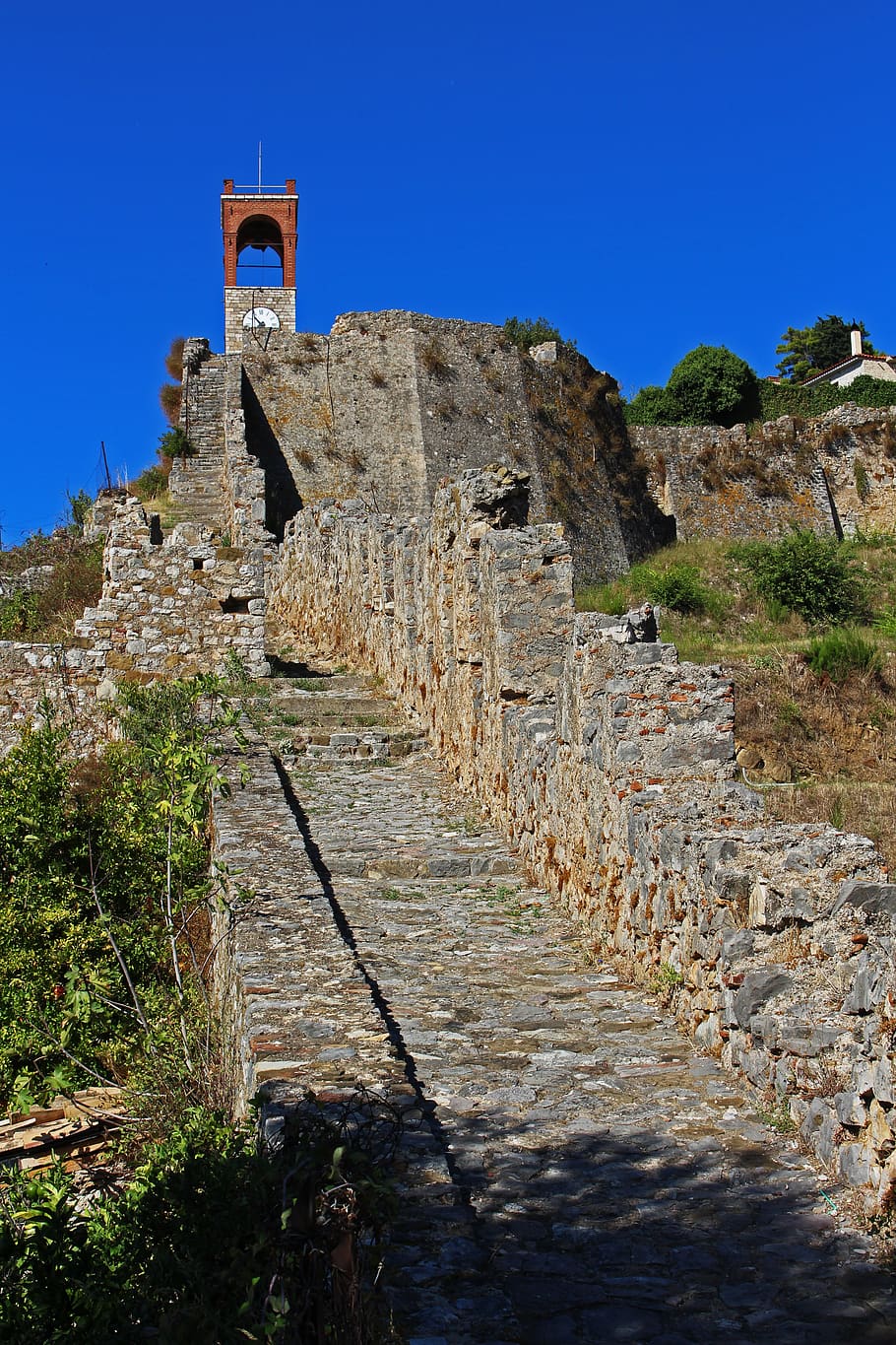 greece, nafpaktos, tourism, fortress, stone wall, stone stairway, architecture, landmark, history, sky