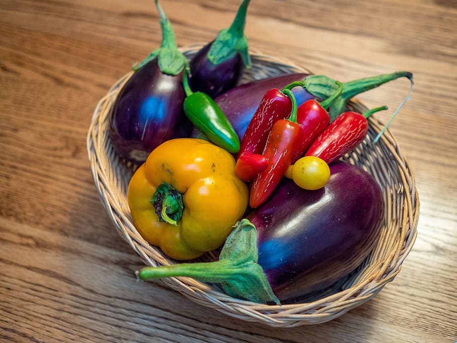 vegetables, eggplant, peppers, vegan, nutrition, healthy, garden, organic, harvest basket, fresh
