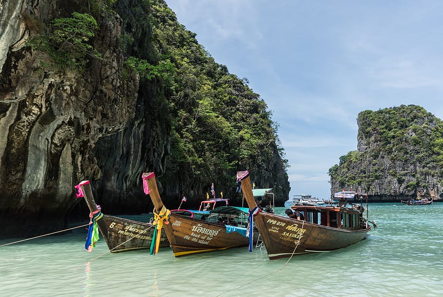 three, brown, wooden, boats dock, shoreline, phi phi island tour, phuket, thailand, colorful boats, sea