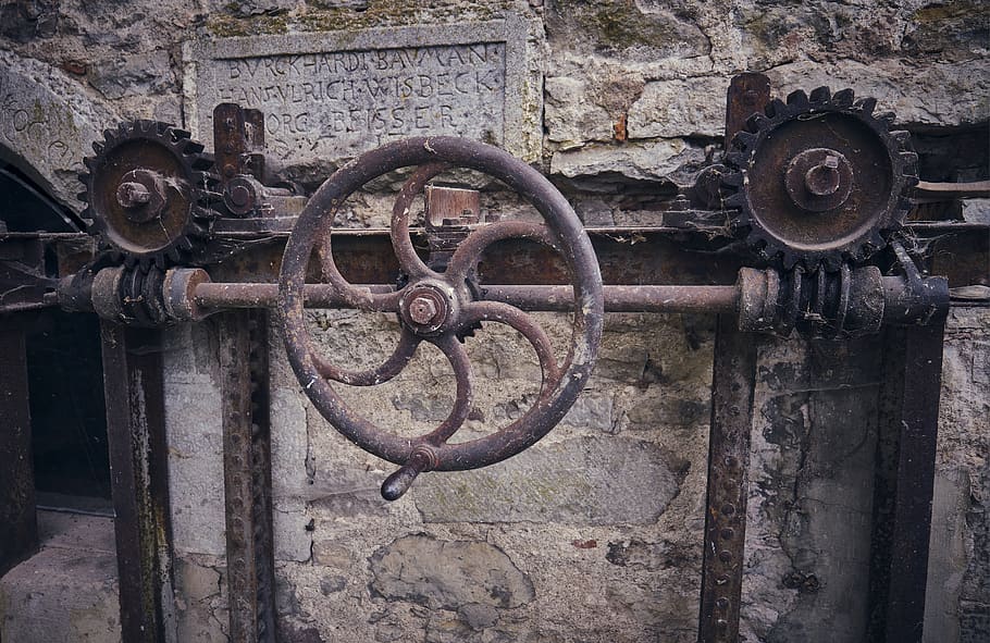 rueda, metal, cerradura, tecnología, antiguo, históricamente, oxidado, polvoriento, albañilería, engranaje