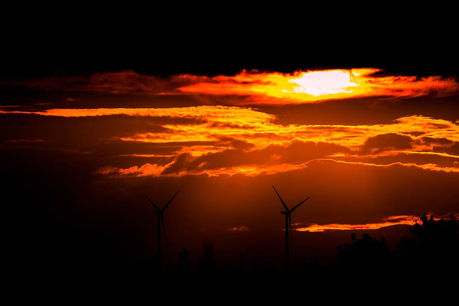 crepuscular rays, sunset, wind power, windräder, wind turbine, environment, wind energy, landscape, energy, afterglow