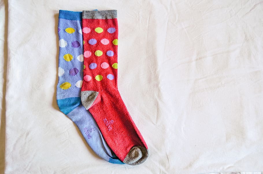 odd socks, socks, odd, different, different socks, clothes, spots, spotty, red white and blue, textile