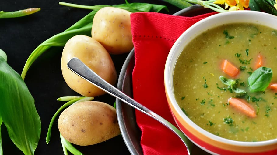 soup, vegetables, potatoes, potato soup, potato, bear's garlic, edible, food, nutrition, lunch