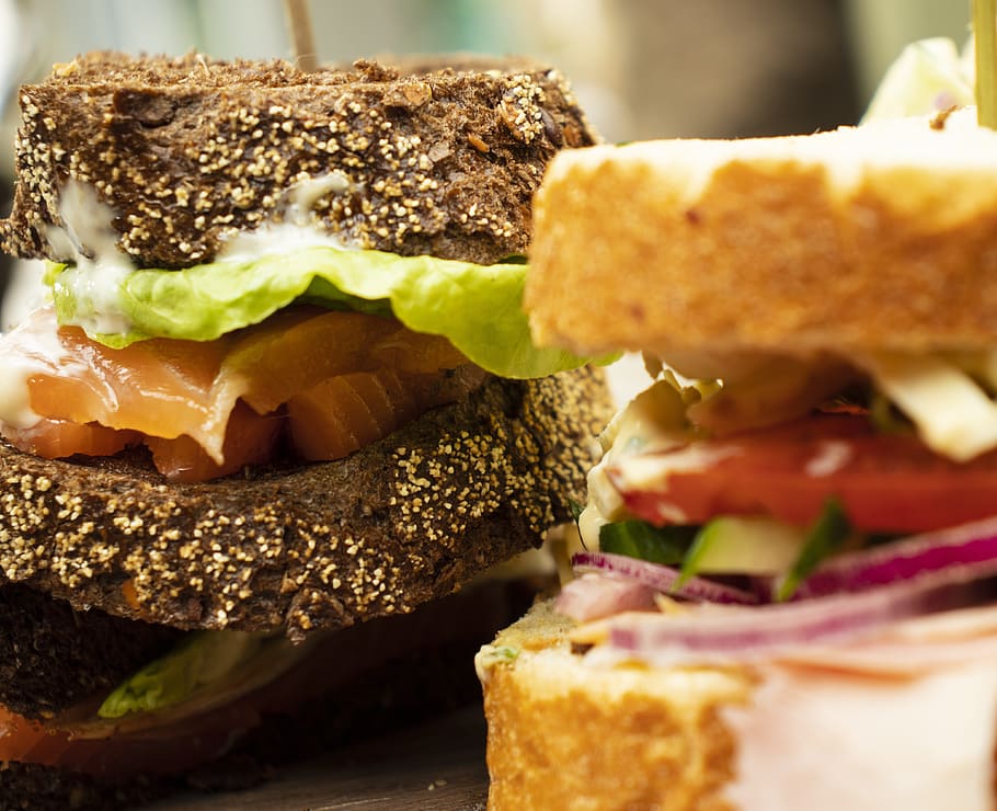 sanduíches, almoço, comida, restaurante, pão, sanduíche, comida e bebida, vegetais, frescura, alimentação saudável