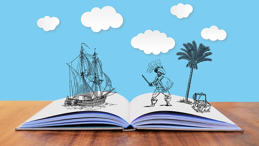 cuento, historia, piratas, fantasía, tesoro, mapa, isla, barco, literatura, narración de cuentos