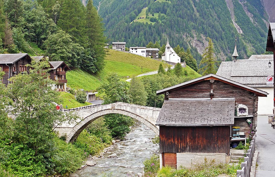 Binntal, Valais, Switzerland, Idyll, stone bridge, binn, rhône river, valais wooden houses, church, tributary