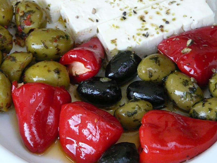 assorted-color fruits, olives, oily, paprika, feta cheese, cheese, vinegar, oil, insert, inserted