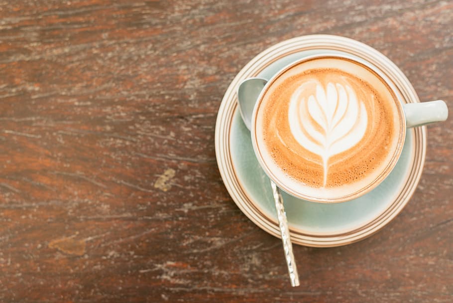 cafe latte, teacup, spoon, food, drink, cup, mug, coffee, art, teaspoon