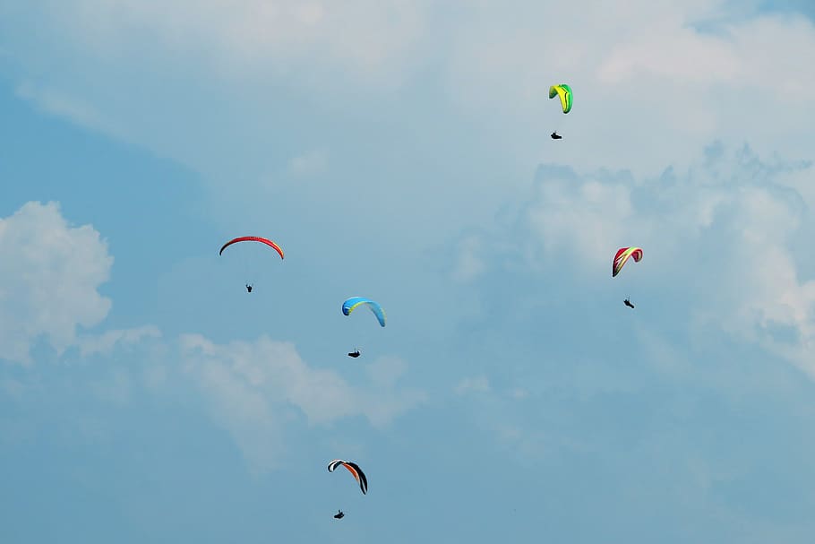 sky, paraglider, clouds, adventure, extreme sports, flying, sport, leisure activity, parachute, low angle view
