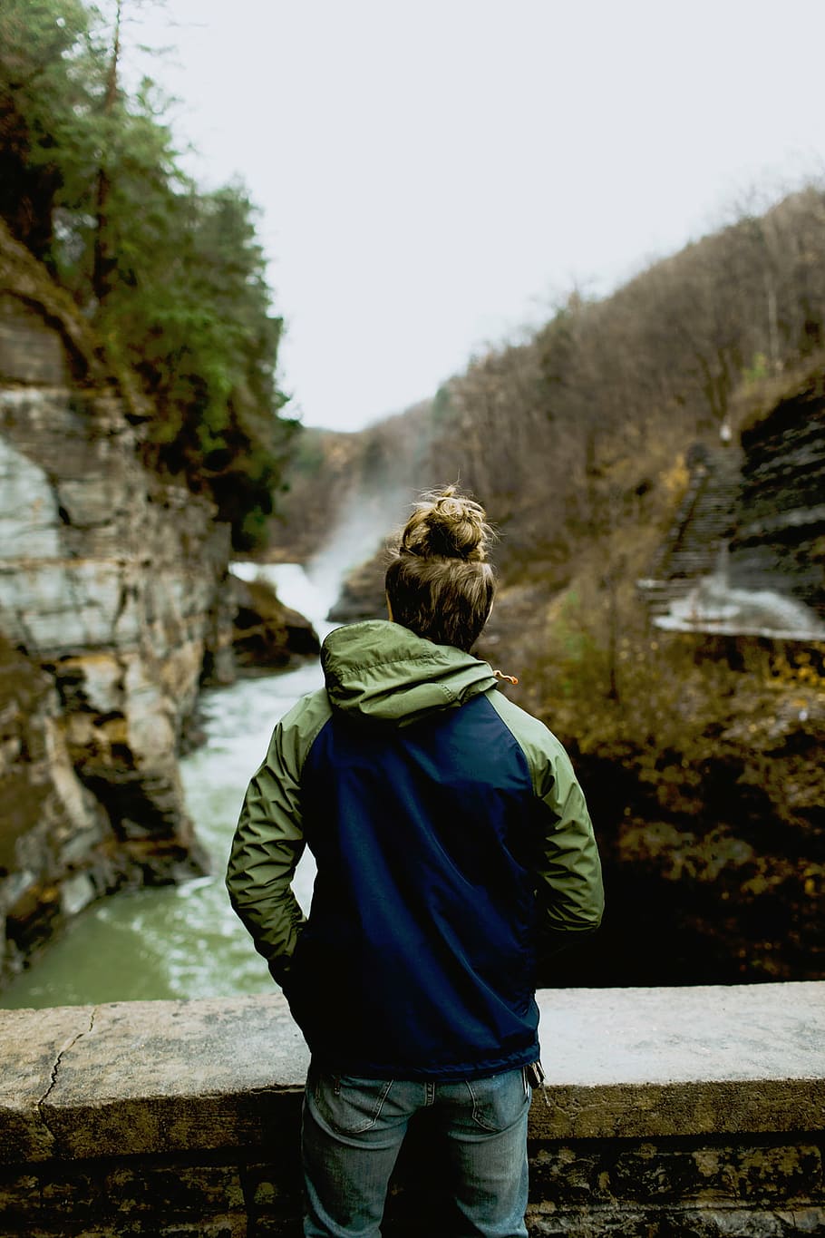 person, standing, pavement, facing, body, water, nature, river, rapids, mountains