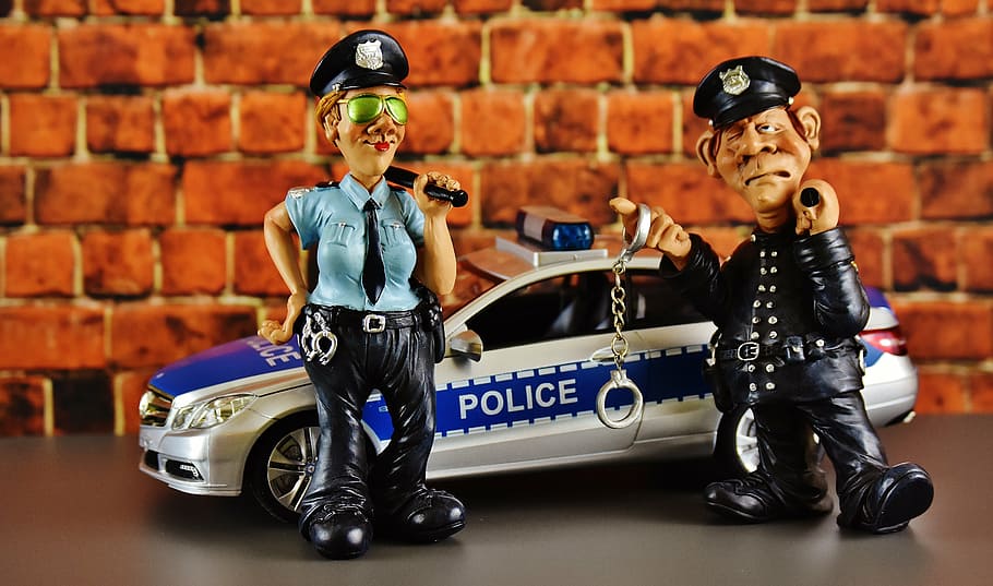 police, police officers, police check, mercedes benz, figure, funny, model  car, cop, policewoman, police car