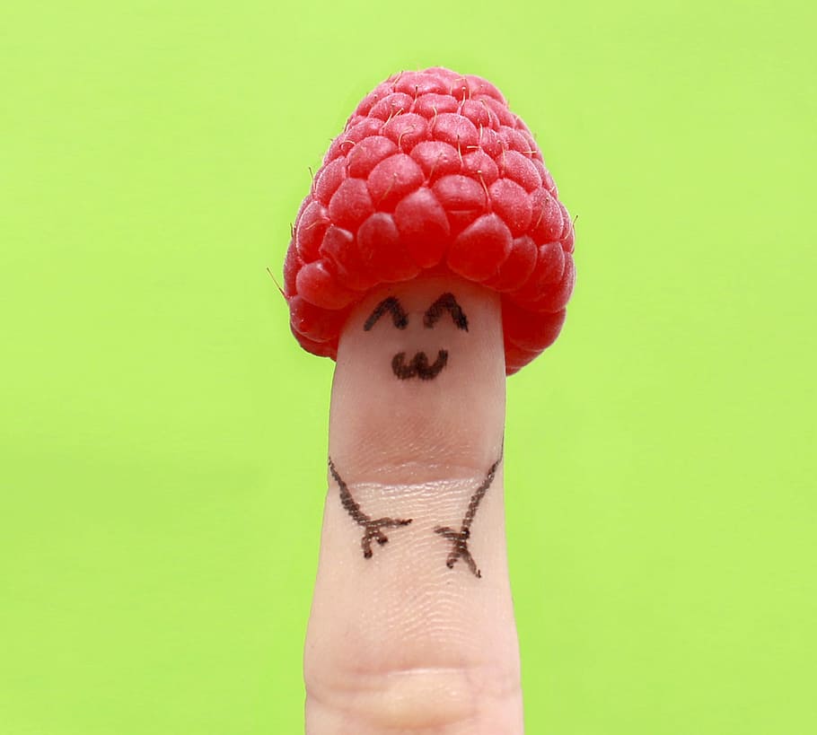 red, raspberry, person, finger, fun, happy, face, hand, detail, tiny