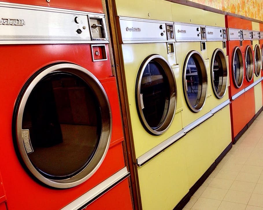 red, yellow, front-load clothes dryers, laundromat, washer, dryer, machine, washing, laundry, retro