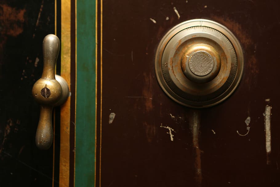 two, brass-colored, personal, safe, knobs, gold, door, knob, vault, combination