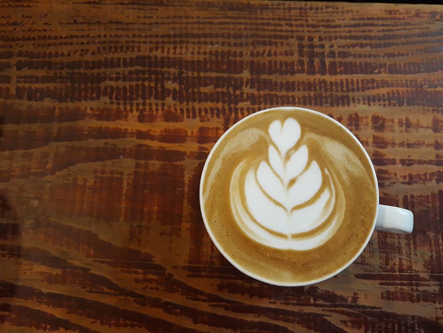hot, latte, art, coffee, caffeine, cafe, restaurant, table, woodgrain, top