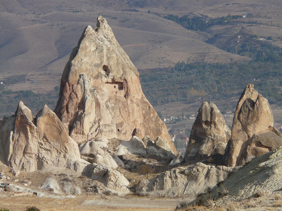 brown monolith outdoors, fairy tower, fairy chimney, cliff, tuff rock formation, tufa, landscape, nature, cappadocia, turkey