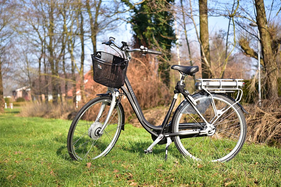 회색, 검은, 자전거, 주차 된, 나무, ebike, 전자 자전거, 드라이브, 바퀴, 주기