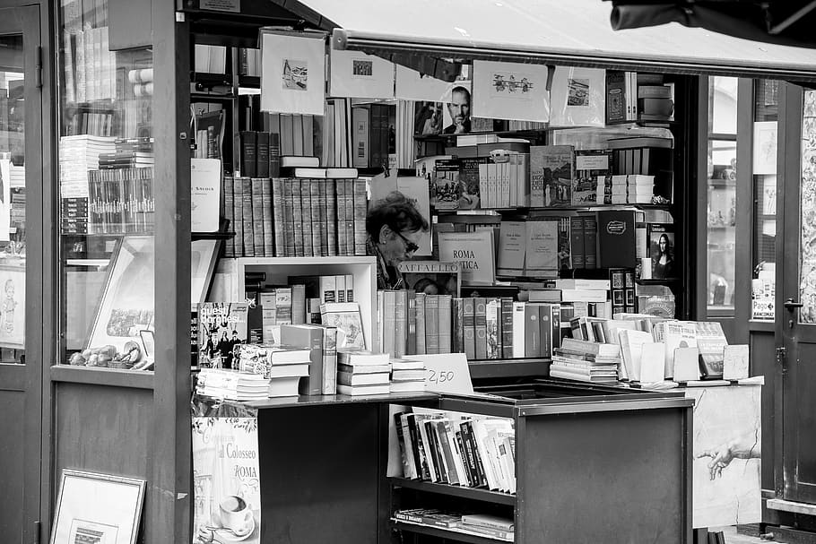 book, kiosk, store, shop, bookstore owner, bookshop, ancient, woman, read, person