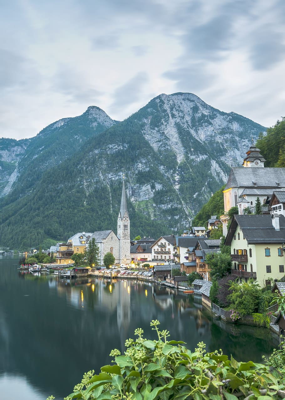 hallstatt, mountains, austria, lake, alpine, water, village, nature, sky, landscape