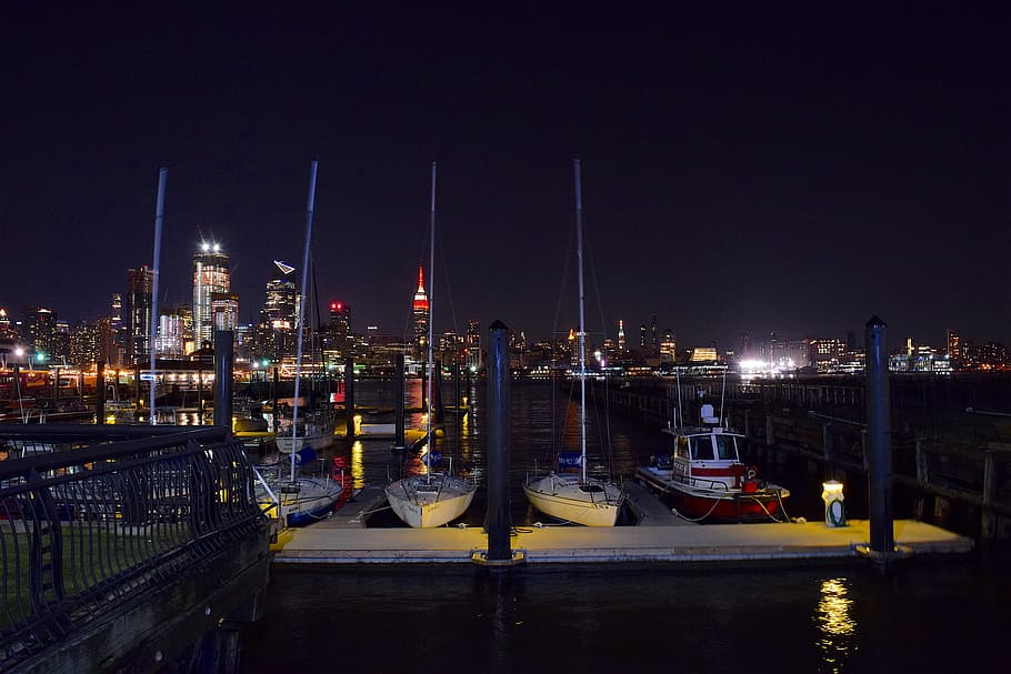 new york city, waterfront, hudson river, sail boats, dock, skyline, night, new york city skyline, urban, manhattan